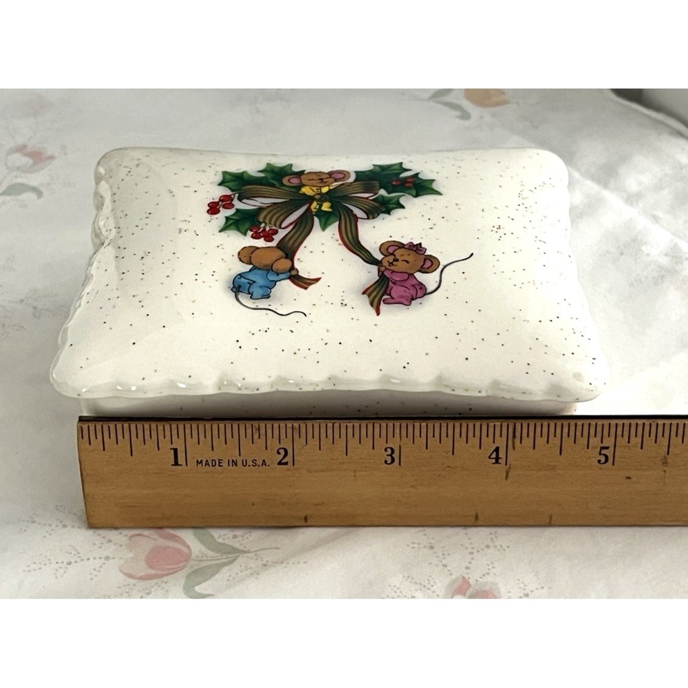 Vtg Christmas Covered Candy Dish w/Mice Glitter Handmade Kitsch Ceramic 1980's - Picture 10 of 12
